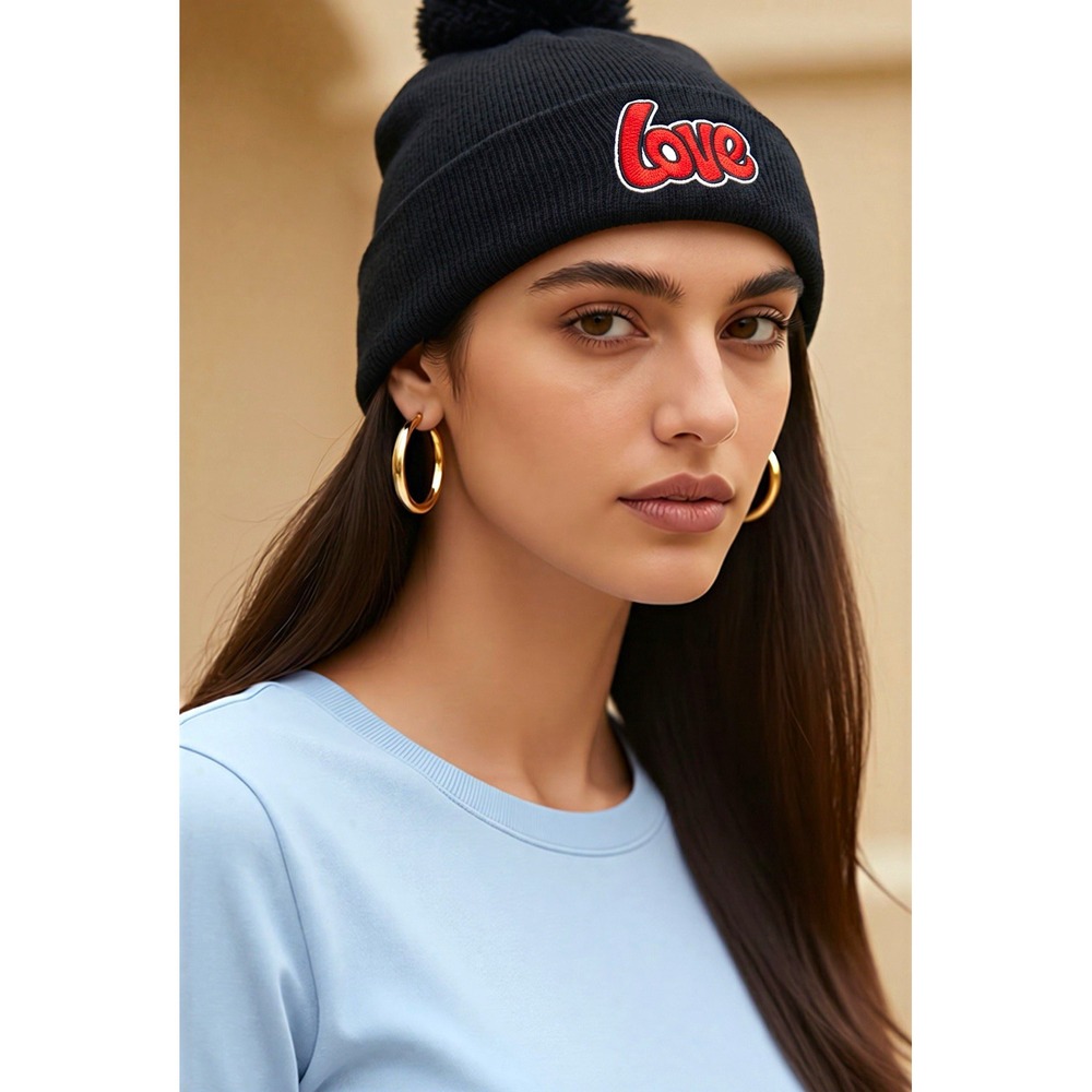 Womens Black Acrylic Knit Beanie Hat Pom Pom Love Oops Logo Patch One Size